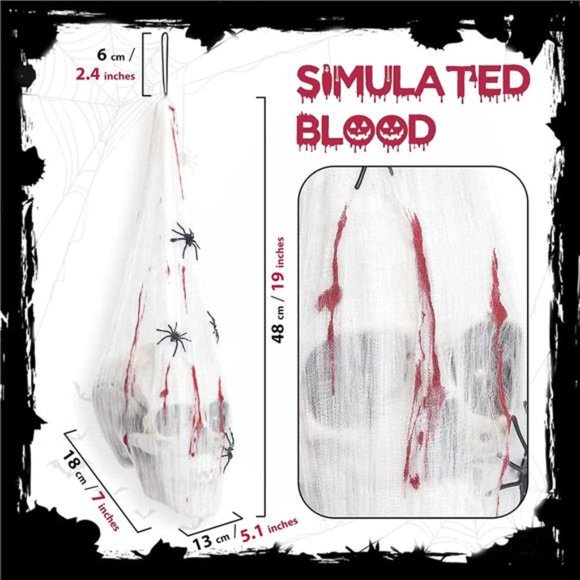 Halloween Skull with Light Up Eyes,Hanging Skeleton with Blood Spider Webc - Picture 5 of 6